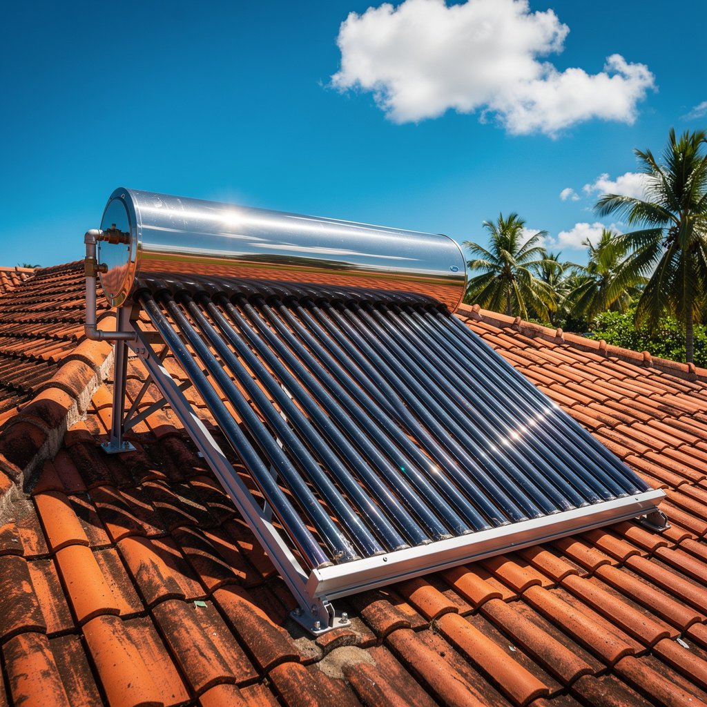 Chauffe-eau solaire installé sur un toit sous le soleil tropical